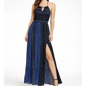 Hollister Boho Chiffon Halter Maxi Dress XS Blue Bandana Open Back Festival